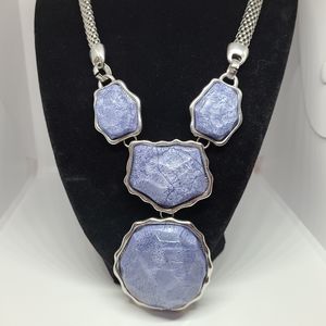 Statement Necklace Faux Blue Stones Woven Style Chain Silver Tone